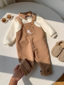 SHEIN 2件組嬰兒男孩女孩嬰兒男孩嬰兒男孩套裝 配色襯衫領長袖秋冬套頭運動衫 燈芯絨馬刺繡吊帶褲長褲 百搭舒適 - 棕色 - 查看 6