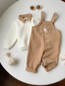 SHEIN 2件組嬰兒男孩女孩嬰兒男孩嬰兒男孩套裝 配色襯衫領長袖秋冬套頭運動衫 燈芯絨馬刺繡吊帶褲長褲 百搭舒適 - 棕色 - 查看 7