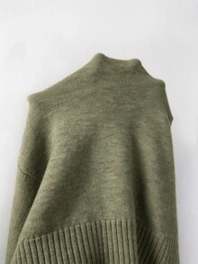 SHEIN 秋冬款拉鍊立領針織開襟衫，優雅粗花呢風格夾克 - 軍綠色 - 查看 4