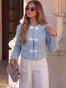 Siren Gaze Women's Houndstooth Casual Daily Overcoat - Blue - View 7
