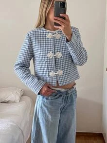 Siren Gaze Women's Houndstooth Casual Daily Overcoat - Blue - View 8