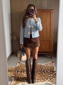 Siren Gaze Women's Houndstooth Casual Daily Overcoat - Blue - View 9