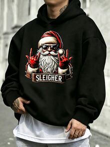 Manfinity Homme Men's Plus Size Christmas Rock Santa Claus Print Hoodie, Suitable For Daily Wear And Music Festivals, Christmas Eve Essential, Holiday Style - Black - View 1