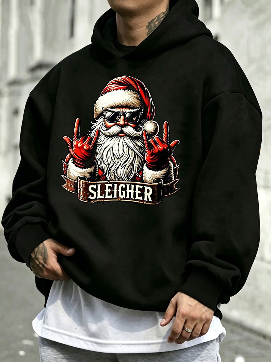Manfinity Homme Men's Plus Size Christmas Rock Santa Claus Print Hoodie, Suitable For Daily Wear And Music Festivals, Christmas Eve Essential, Holiday Style - Black - View 1