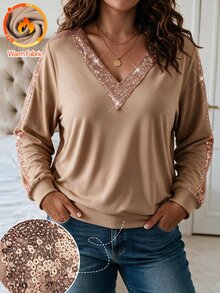 Weeklong Plus Size Women's Champagne Sequin Double Brushed Wool V-Neck Long Sleeve Sweatshirt - Khaki - View 1