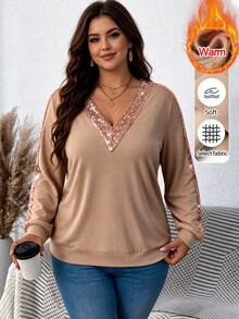 Weeklong Plus Size Women's Champagne Sequin Double Brushed Wool V-Neck Long Sleeve Sweatshirt - Khaki - View 10