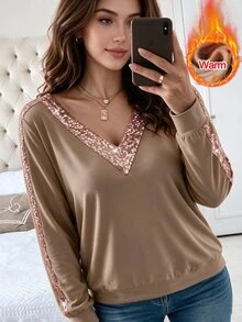 Weeklong Plus Size Women's Champagne Sequin Double Brushed Wool V-Neck Long Sleeve Sweatshirt - Khaki - View 4