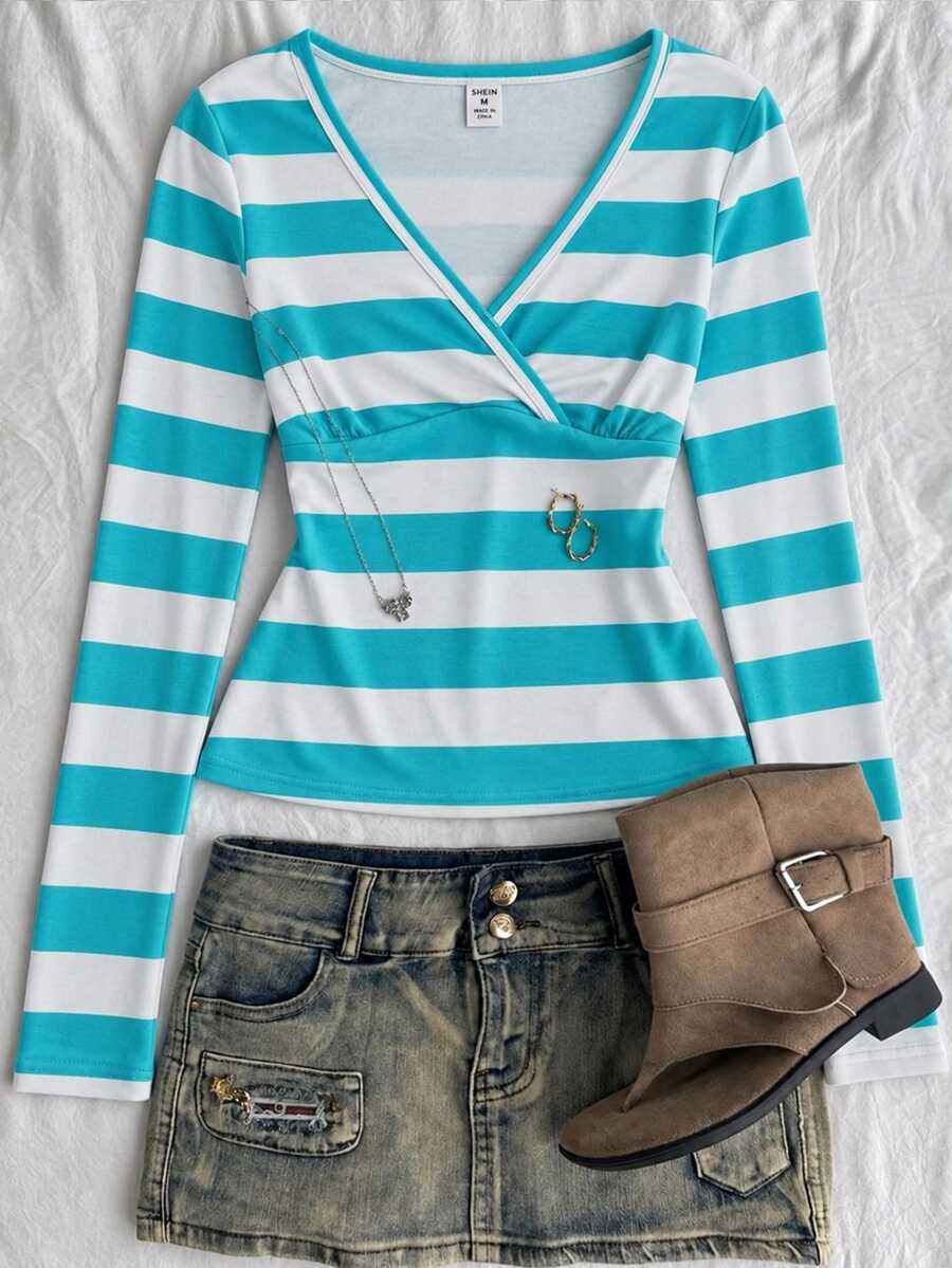 Teen Girls V-Neck Long Sleeve Casual Cute Versatile T-Shirt - White - View 1