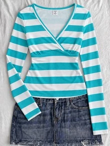 Teen Girls V-Neck Long Sleeve Casual Cute Versatile T-Shirt - White - View 2