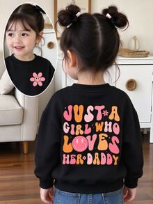 SHEIN Baby Girl Casual Cute Kawaii Colorful Flower Gradient Fun Letter Printed Round Neck Sweatshirt Toddler Girl Clothes - Black - View 2