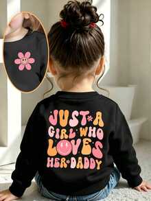 SHEIN Baby Girl Casual Cute Kawaii Colorful Flower Gradient Fun Letter Printed Round Neck Sweatshirt Toddler Girl Clothes - Black - View 5