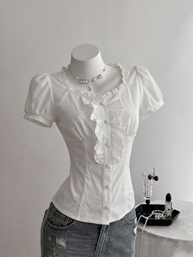 Elamini Women's Plain Color Frill Trim Short Puff Sleeve Single Breasted Blouse - White - View 3