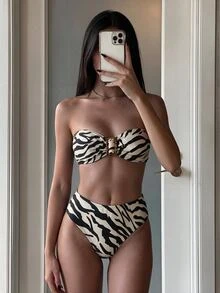 SHEIN Swim 女士夏季套装 2 件套女士随机花卉印花高腰泳衣套装夏季 - 彩色 - 查看 8