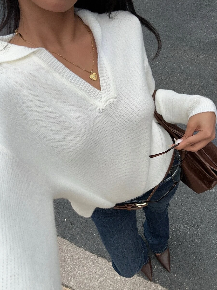 Autumina Women's Solid Color V-Neck Loose Oversize Sweater,Long Sleeve Tops, Knit Pullover Fall Winter - White - View 1