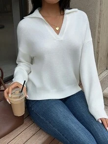 Autumina Women's Solid Color V-Neck Loose Oversize Sweater,Long Sleeve Tops, Knit Pullover Fall Winter - White - View 5