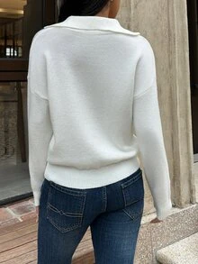 Autumina Women's Solid Color V-Neck Loose Oversize Sweater,Long Sleeve Tops, Knit Pullover Fall Winter - White - View 2
