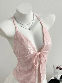 Elamini 女士串珠系带露背性感露背上衣，适合派对穿着 - 粉色 - 查看 1