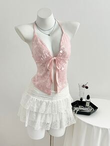 Elamini 女士串珠系带露背性感露背上衣，适合派对穿着 - 粉色 - 查看 5
