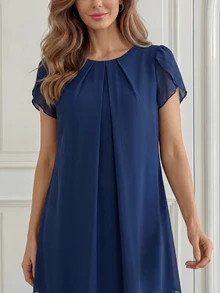 Medorina 中老年女性纯色圆领花瓣短袖连衣裙 - 藏蓝色 - 查看 5