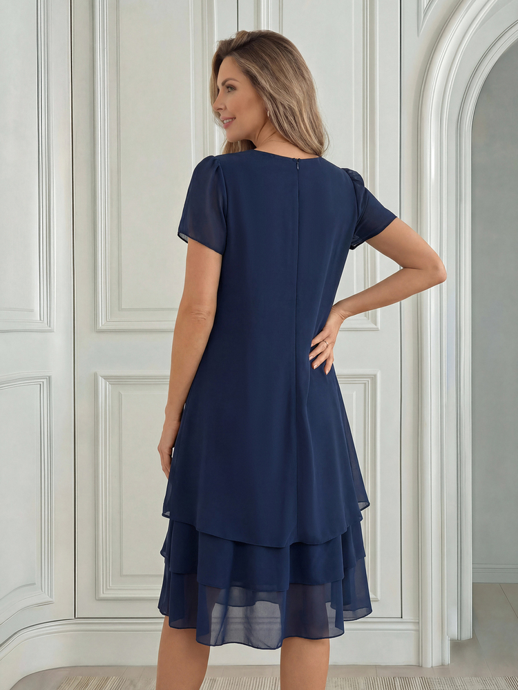 Medorina 中老年女性纯色圆领花瓣短袖连衣裙 - 藏蓝色 - 查看 2