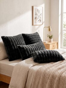 2pcs Black Plush Flannel Pillowcases, Modern Decorative Long Pillowcases, Suitable For Winter, Soft And Warm, Machine Washable, Pillow Insert Not Included - Black - View 1
