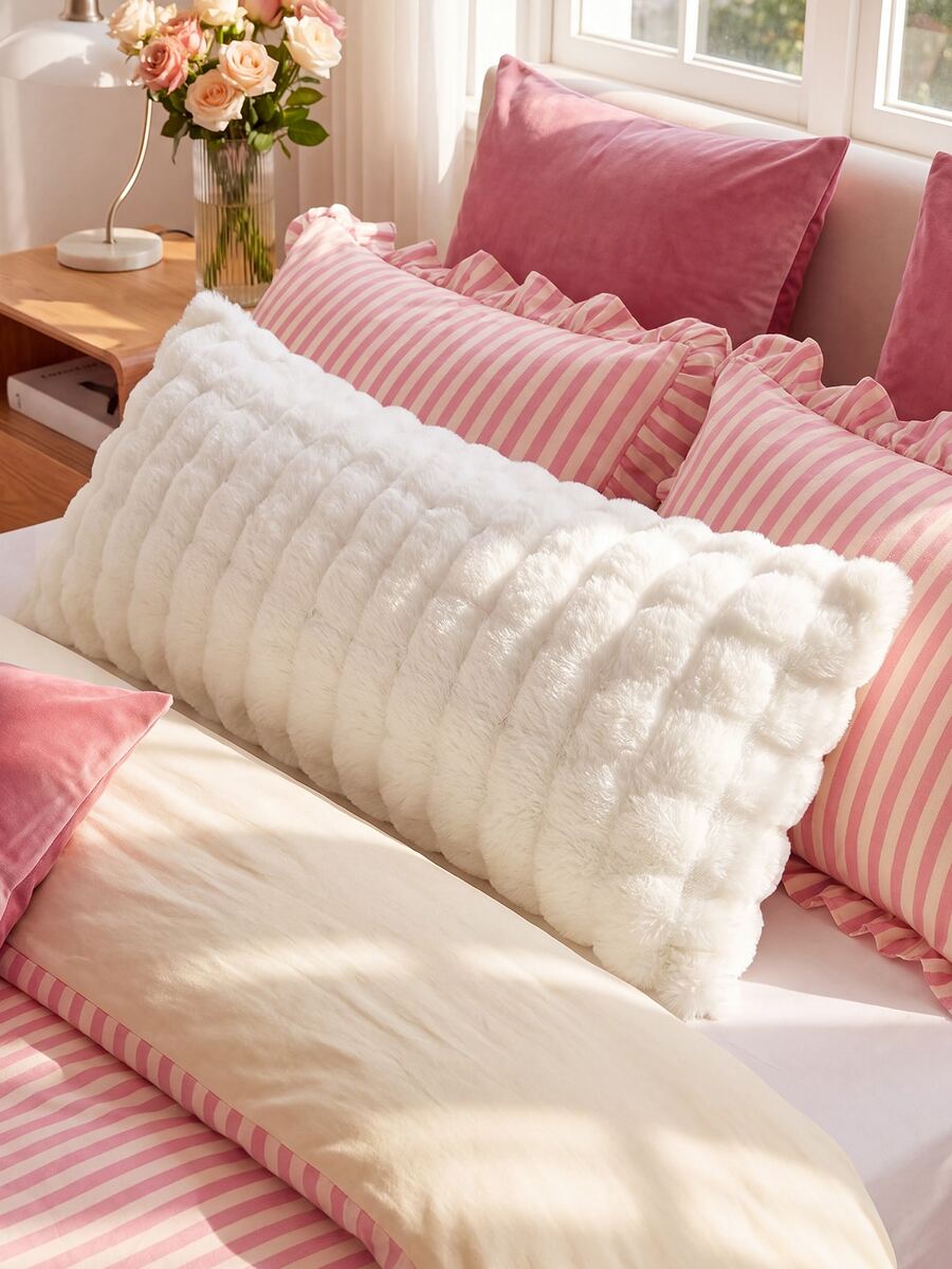 1pc White Plush Long Pillowcase, Minimalist Fashion Modern Style Polyester Single Pillowcase, Warm And Comfortable For Autumn/Winter - White - View 1