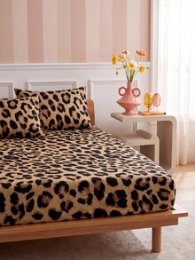 2/3pcs Brown Classic Leopard Print Fitted Sheet Set (1 Fitted Sheet + 1/2 Pillowcases), Mattress Protector, Bed Sheet, Soft And Breathable, --Twin, Full, Queen, King, Deep Pocket Design, Up To 11.8 Inches - Brown - View 3