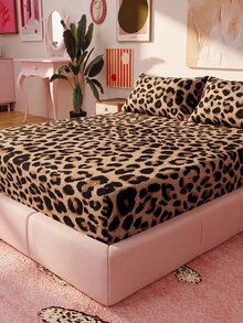 2/3pcs Brown Classic Leopard Print Fitted Sheet Set (1 Fitted Sheet + 1/2 Pillowcases), Mattress Protector, Bed Sheet, Soft And Breathable, --Twin, Full, Queen, King, Deep Pocket Design, Up To 11.8 Inches - Brown - View 2