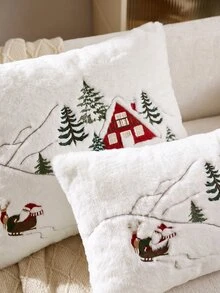 1pc Christmas Santa Claus Red House & Christmas Tree Embroidered Cushion Cover, Suitable For Indoor Decoration, Christmas Decorative Pillow Cover, Pillow Insert Not Included - Multicolor - View 9