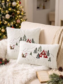 1pc Christmas Santa Claus Red House & Christmas Tree Embroidered Cushion Cover, Suitable For Indoor Decoration, Christmas Decorative Pillow Cover, Pillow Insert Not Included - Multicolor - View 2