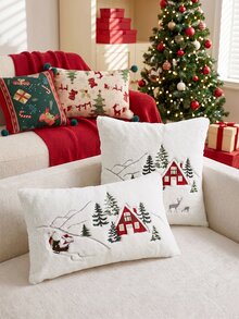 1pc Christmas Santa Claus Red House & Christmas Tree Embroidered Cushion Cover, Suitable For Indoor Decoration, Christmas Decorative Pillow Cover, Pillow Insert Not Included - Multicolor - View 7