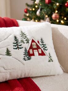 1pc Christmas Santa Claus Red House & Christmas Tree Embroidered Cushion Cover, Suitable For Indoor Decoration, Christmas Decorative Pillow Cover, Pillow Insert Not Included - Multicolor - View 6