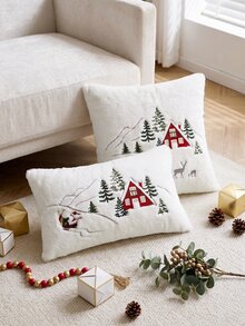 1pc Christmas Santa Claus Red House & Christmas Tree Embroidered Cushion Cover, Suitable For Indoor Decoration, Christmas Decorative Pillow Cover, Pillow Insert Not Included - Multicolor - View 8