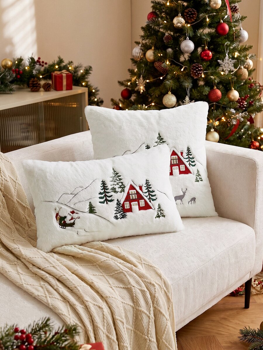 1pc Christmas Santa Claus Red House & Christmas Tree Embroidered Cushion Cover, Suitable For Indoor Decoration, Christmas Decorative Pillow Cover, Pillow Insert Not Included - Multicolor - View 1