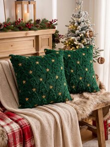 1pc/2pcs Christmas Pillowcase, Christmas Tree Plush Faux Fur Pillowcase, Soft Decorative Throw Pillow Cover, Suitable For Sofa, Living Room, Winter Christmas Holiday Home Decor - Green - View 1