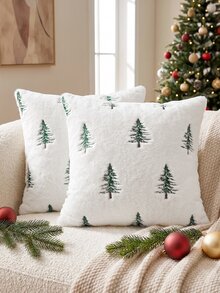 1pc/2pcs Christmas Tree Green Pillow Case, White Soft Faux Fur Pillow Cover, Sofa Cushion Cover, Holiday Home Decor, Country Style Living Room Sofa Home Decoration, Pillow Insert Not Included - White - View 10