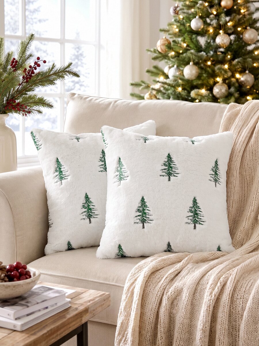 1pc/2pcs Christmas Tree Green Pillow Case, White Soft Faux Fur Pillow Cover, Sofa Cushion Cover, Holiday Home Decor, Country Style Living Room Sofa Home Decoration, Pillow Insert Not Included - White - View 1