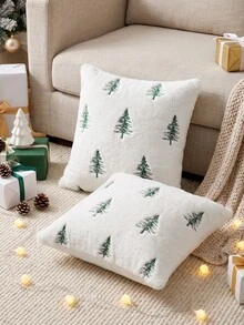 1pc/2pcs Christmas Tree Green Pillow Case, White Soft Faux Fur Pillow Cover, Sofa Cushion Cover, Holiday Home Decor, Country Style Living Room Sofa Home Decoration, Pillow Insert Not Included - White - View 2