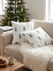 1pc/2pcs Christmas Tree Green Pillow Case, White Soft Faux Fur Pillow Cover, Sofa Cushion Cover, Holiday Home Decor, Country Style Living Room Sofa Home Decoration, Pillow Insert Not Included - White - View 5