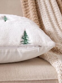 1pc/2pcs Christmas Tree Green Pillow Case, White Soft Faux Fur Pillow Cover, Sofa Cushion Cover, Holiday Home Decor, Country Style Living Room Sofa Home Decoration, Pillow Insert Not Included - White - View 3