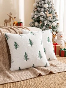 1pc/2pcs Christmas Tree Green Pillow Case, White Soft Faux Fur Pillow Cover, Sofa Cushion Cover, Holiday Home Decor, Country Style Living Room Sofa Home Decoration, Pillow Insert Not Included - White - View 6