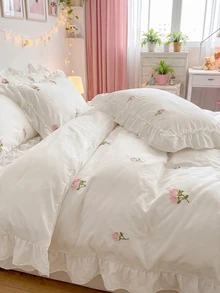 2/3pcs Elegant Rose Embroidery Bedding Set, With Ruffle Trim, Includes Duvet Cover And Pillowcase(S), Without Filler (1 Duvet Cover And 1/2 Pillowcase(S)) - White - View 5