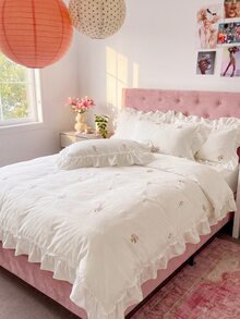 2/3pcs Elegant Rose Embroidery Bedding Set, With Ruffle Trim, Includes Duvet Cover And Pillowcase(S), Without Filler (1 Duvet Cover And 1/2 Pillowcase(S)) - White - View 8