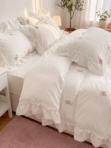 2/3pcs Elegant Rose Embroidery Bedding Set, With Ruffle Trim, Includes Duvet Cover And Pillowcase(S), Without Filler (1 Duvet Cover And 1/2 Pillowcase(S)) - White - View 7