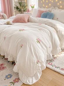 2/3pcs Elegant Rose Embroidery Bedding Set, With Ruffle Trim, Includes Duvet Cover And Pillowcase(S), Without Filler (1 Duvet Cover And 1/2 Pillowcase(S)) - White - View 3