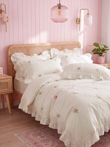 2/3pcs Elegant Rose Embroidery Bedding Set, With Ruffle Trim, Includes Duvet Cover And Pillowcase(S), Without Filler (1 Duvet Cover And 1/2 Pillowcase(S)) - White - View 1
