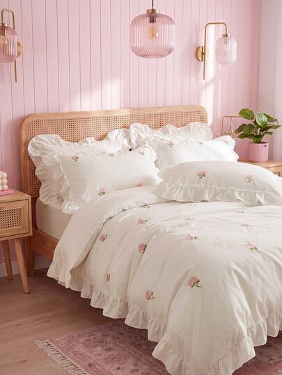 2/3pcs Elegant Rose Embroidery Bedding Set, With Ruffle Trim, Includes Duvet Cover And Pillowcase(S), Without Filler (1 Duvet Cover And 1/2 Pillowcase(S))