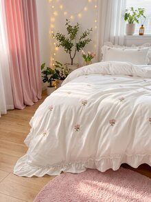 2/3pcs Elegant Rose Embroidery Bedding Set, With Ruffle Trim, Includes Duvet Cover And Pillowcase(S), Without Filler (1 Duvet Cover And 1/2 Pillowcase(S)) - White - View 9