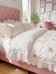 2/3pcs Elegant Rose Embroidery Bedding Set, With Ruffle Trim, Includes Duvet Cover And Pillowcase(S), Without Filler (1 Duvet Cover And 1/2 Pillowcase(S)) - White - View 2