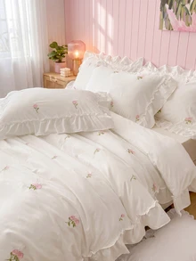 2/3pcs Elegant Rose Embroidery Bedding Set, With Ruffle Trim, Includes Duvet Cover And Pillowcase(S), Without Filler (1 Duvet Cover And 1/2 Pillowcase(S)) - White - View 10